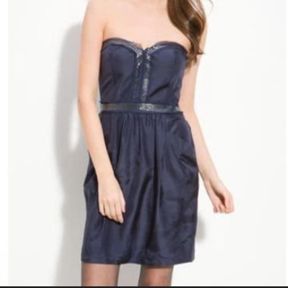 Rebecca Taylor strapless blue 100% silk party sequined dress size 6